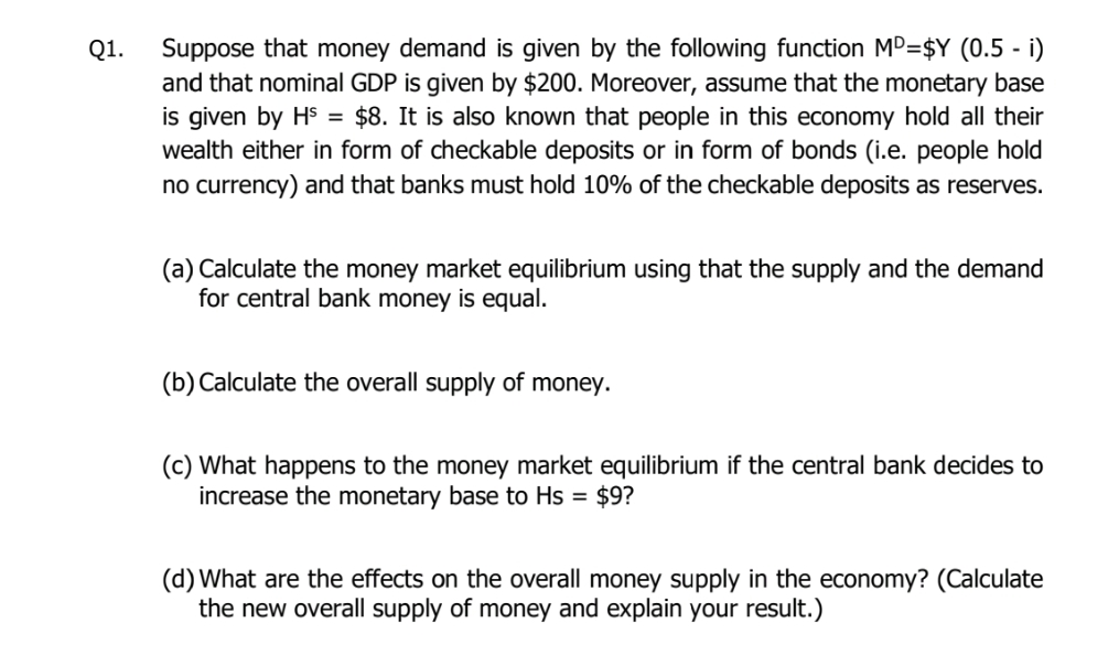 Solved Q1. ﻿Suppose that money demand is given by the | Chegg.com