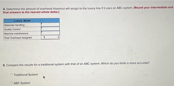 4. Determine the amount of overhead Hazeinut will assign to the luxury line if it uses an ABC system. (Round your intermediat