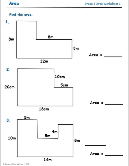 Solved Area Grade 6 Area Worksheet 1 Find the area. 1. 8m 8m | Chegg.com