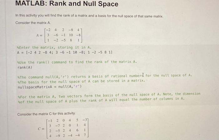 Solved MATLAB: Rank And Null Space In This Activity You Will | Chegg.com