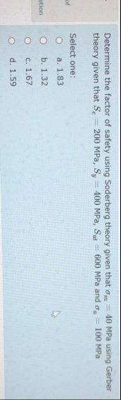 Solved Determine the factor of safety using Soderberg theory | Chegg.com