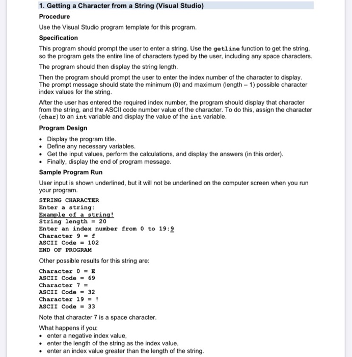 Solved 1. Getting a Character from a String (Visual Studio) | Chegg.com