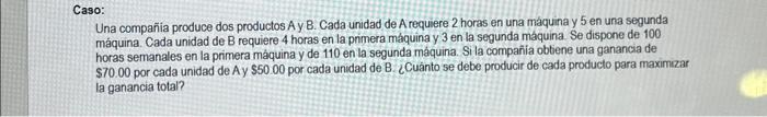 a9o: Una compañia produce dos productos \( \mathrm{A} \) y \( \mathrm{B} \). Cada unidad de A requiere 2 horas en una máquina