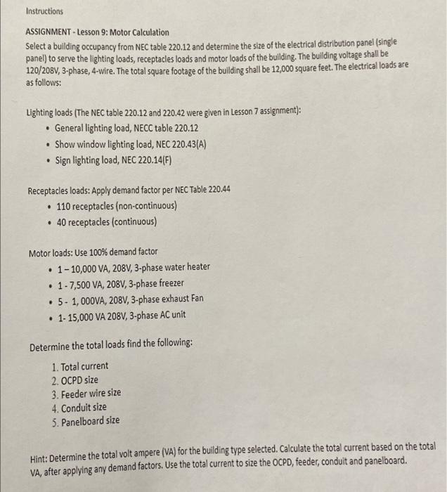 Solved Instructions ASSIGNMENT-Lesson 9: Motor Calculation | Chegg.com
