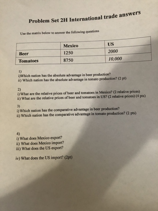 Solved Problem Set 2H International Trade Answers Use The | Chegg.com