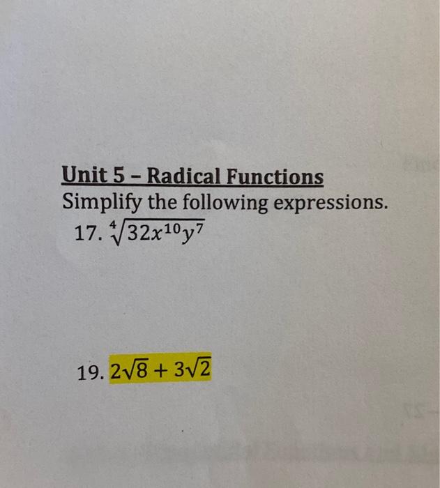 Solved Unit 5 - Radical Functions Simplify the following | Chegg.com