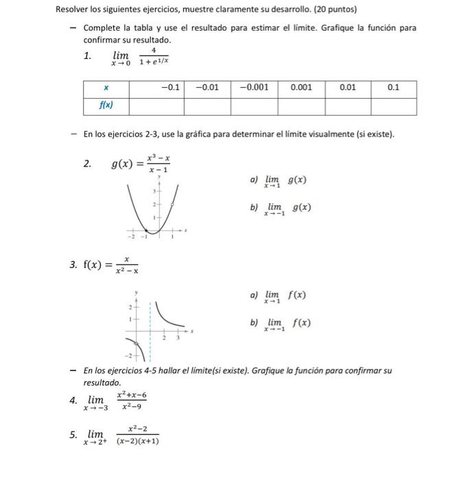 - Complete la tabla y use el resultado para estimar el limite. Grafique la función para confirmar su resultado. 1. \( \lim _{