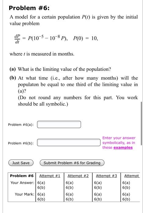 Solved Problem #6: A model for a certain population P(t) is | Chegg.com