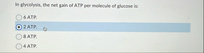 Solved In glycolysis, the net gain of ATP per molecule of | Chegg.com