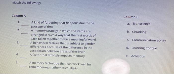 Solved Match The Following: Column A Column B 1. A. | Chegg.com