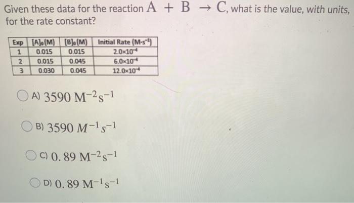 Solved Given these data for the reaction A + B + C, what is | Chegg.com