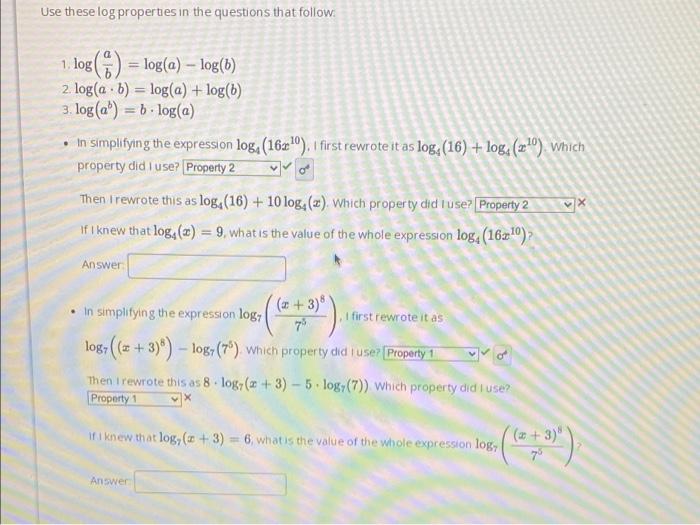 Solved Use these log properties in the questions that | Chegg.com