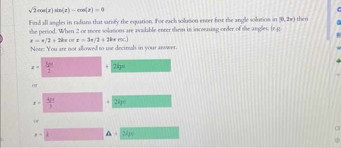 Solved Find all angles in radians that satisfy the equation. | Chegg.com