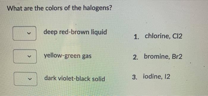 Solved What are the colors of the halogens? deep red-brown | Chegg.com
