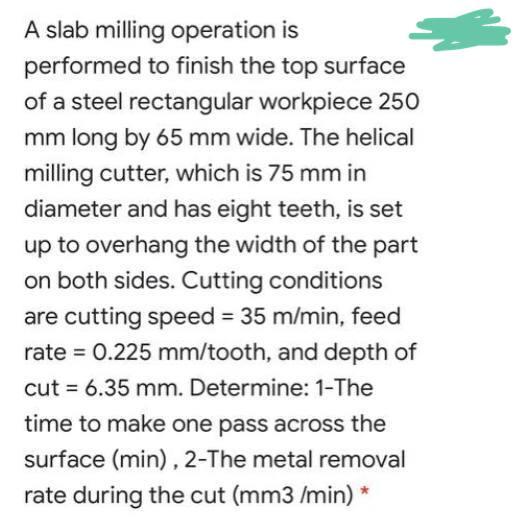 Solved A slab milling operation is performed to finish the