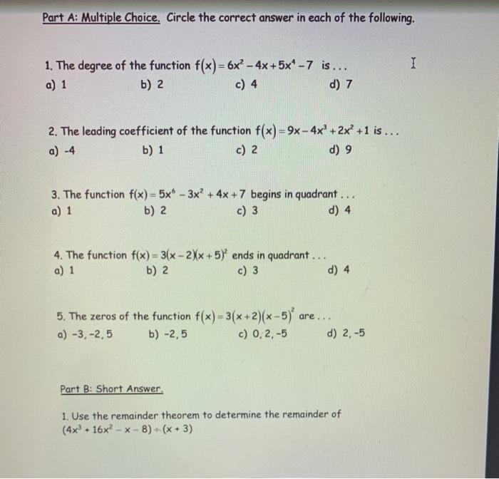Solved Part A: Multiple Choice. Circle the correct answer in | Chegg.com