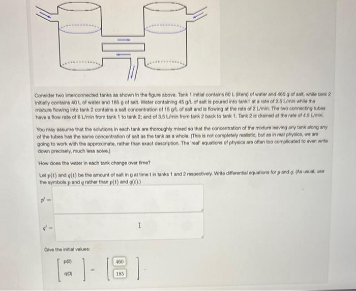Consider two interconnected tanks as shown in the figure above. Tank 1 initial contains \( 60 \mathrm{~L} \) (iters) of water