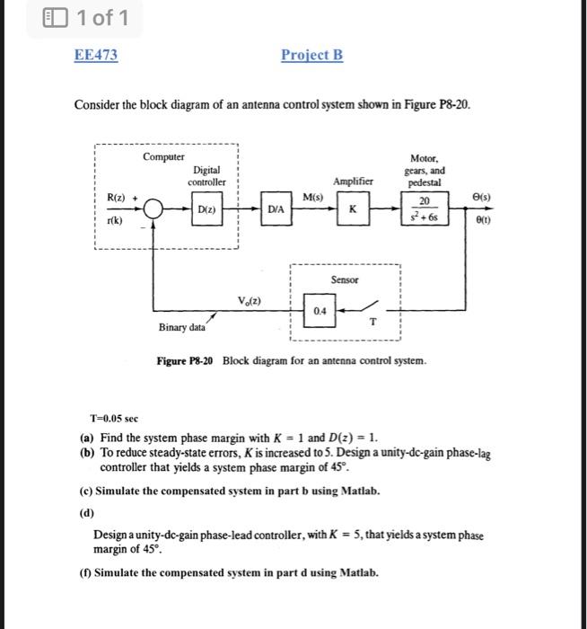 Consider the block diagram of an antenna control system shown in Figure P8-20.
Figure P8-20 Block diagram for an antenna cont