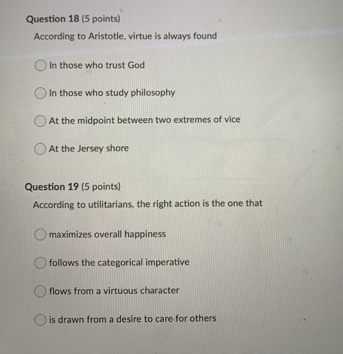 Solved Question 18 (5 points) According to Aristotle, virtue | Chegg.com