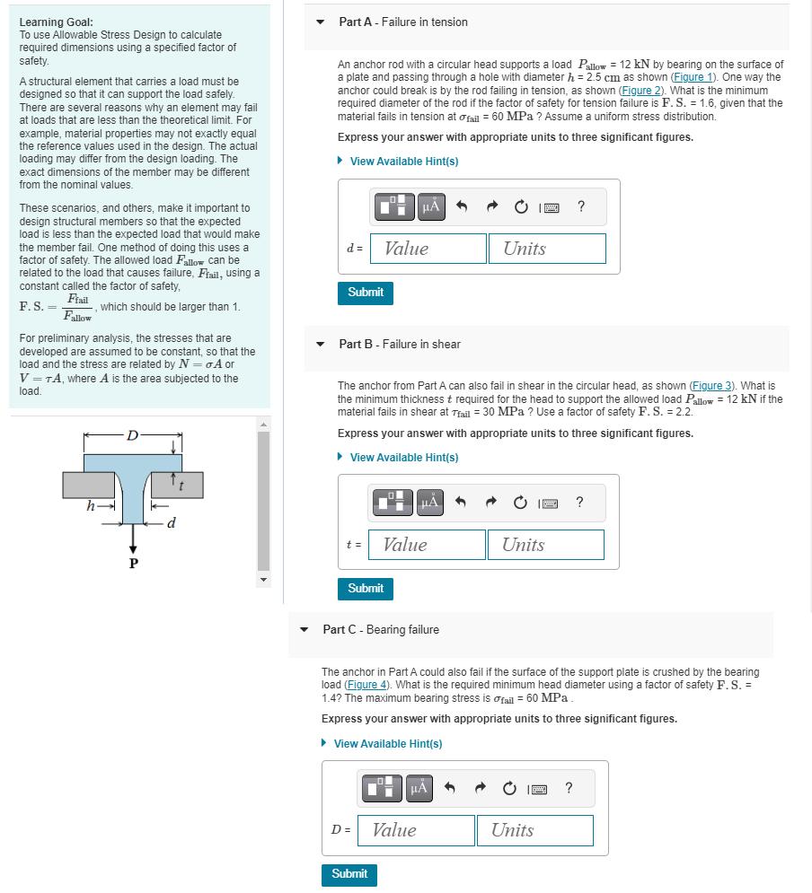 Solved Learning Goal:To use Allowable Stress Design to | Chegg.com