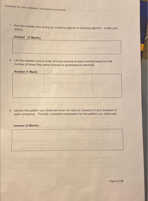 Chemistry 30 Unit C Module 5 Summative Assessment | Chegg.com