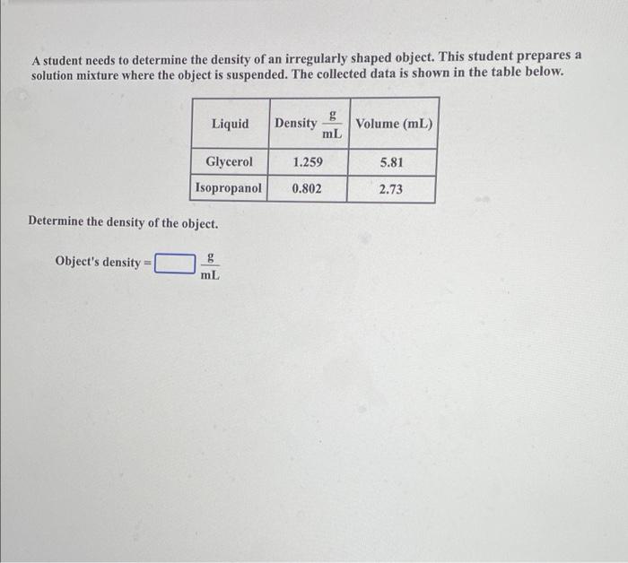 Solved A student needs to determine the density of an | Chegg.com