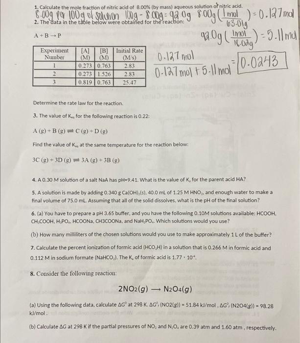 Solved 1. Calculate the mole fraction of nitric acid of