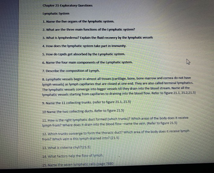 Solved Chapter 21 Exploratory Questions Lymphatic System 1. | Chegg.com