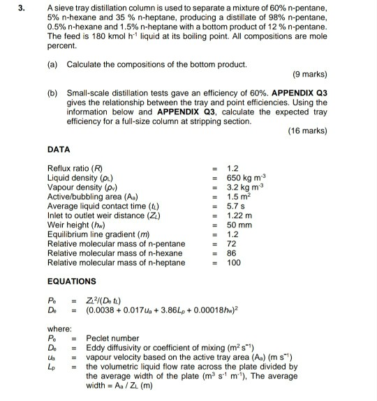 Solved 3. A sieve tray distillation column is used to