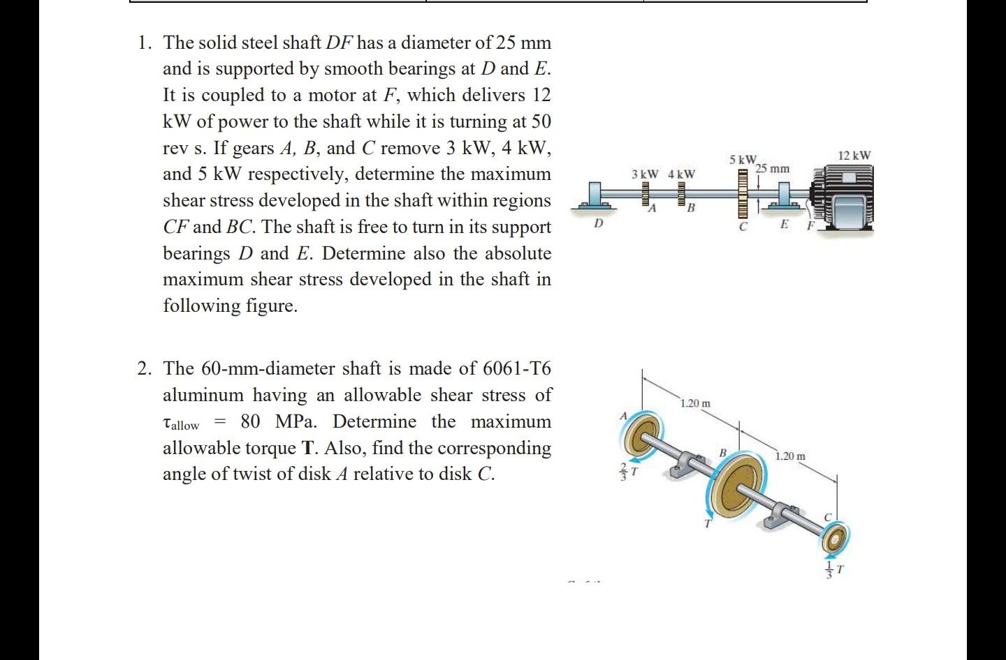Solved 1. The solid steel shaft DF has a diameter of 25 mm | Chegg.com