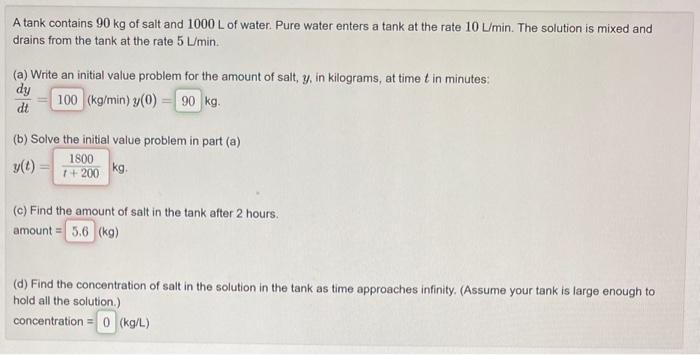 Solved A tank contains 90 kg of salt and 1000 L of water. | Chegg.com