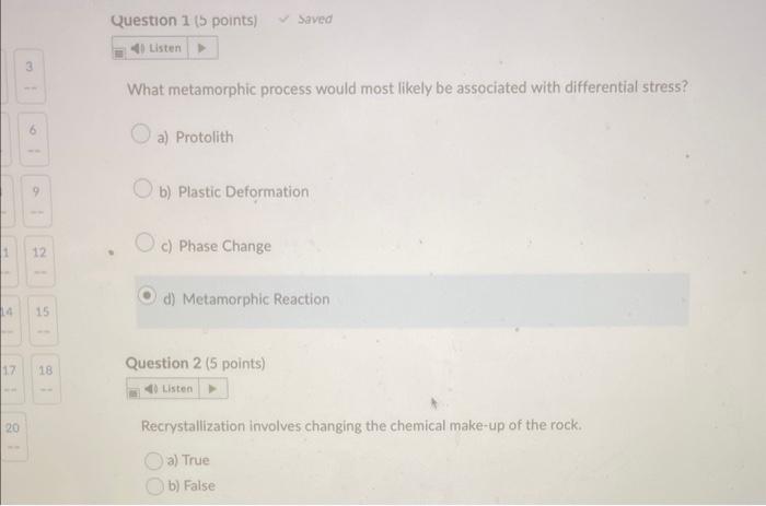 What metamorphic process would most likely be associated with differential stress?
a) Protolith
b) Plastic Deformation
c) Pha