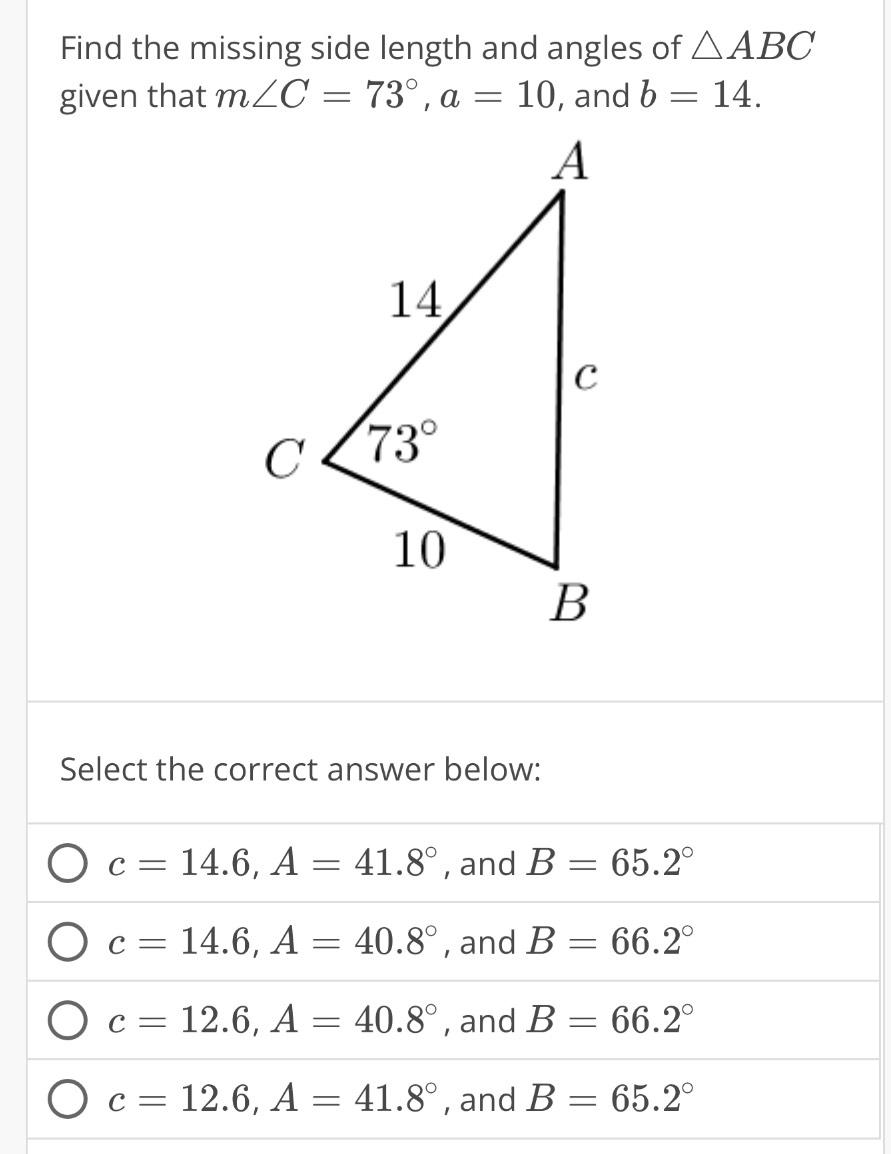 Solved Find the missing side length and angles of ABC Chegg