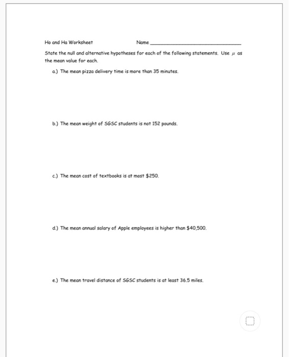 Solved Ho and Ha Worksheet Nome State the null and | Chegg.com