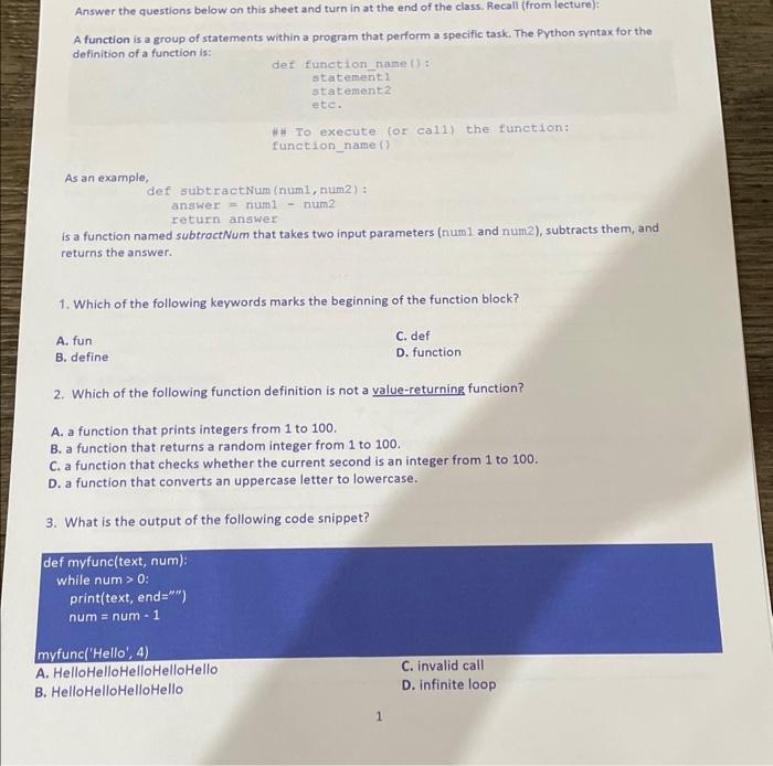 Solved Answer the questions below on this sheet and turn in | Chegg.com