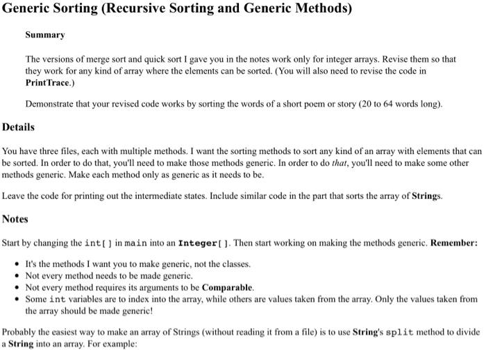 Solved Generic Sorting (Recursive Sorting and Generic | Chegg.com