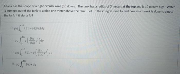 Solved A tank has the shape of a right circular cone (tip | Chegg.com