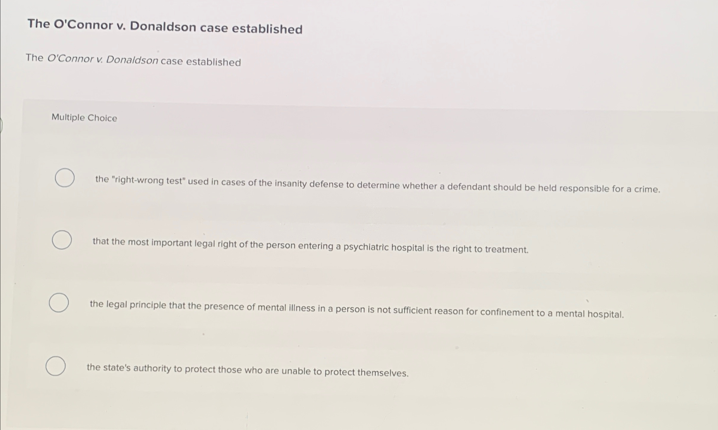 Solved The O'Connor v. ﻿Donaldson case establishedThe | Chegg.com