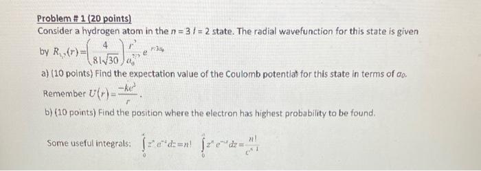Solved 3 e Problem #1 (20 points) Consider a hydrogen atom | Chegg.com