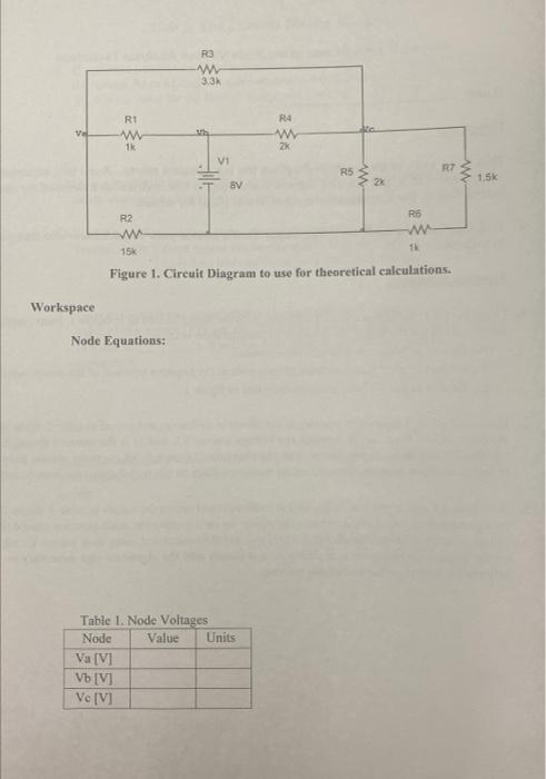 Figure 1. Circuit Diagram to use for theoretical calculations.
ace
Node Fquations:
Tahle 1. Node Voltaees