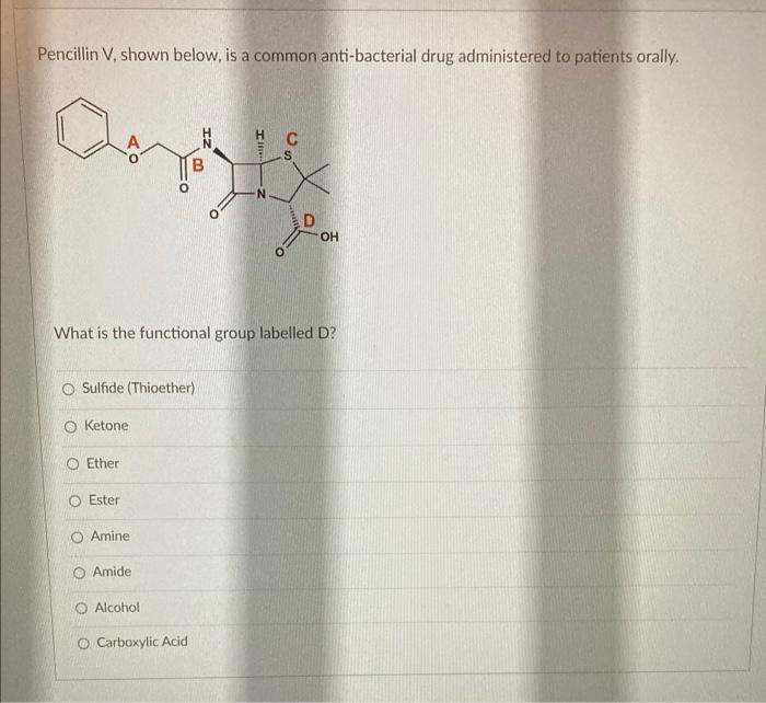 Pencillin \( \mathrm{V} \), shown below, is a common anti-bacterial drug administered to patients orally.
What is the functio