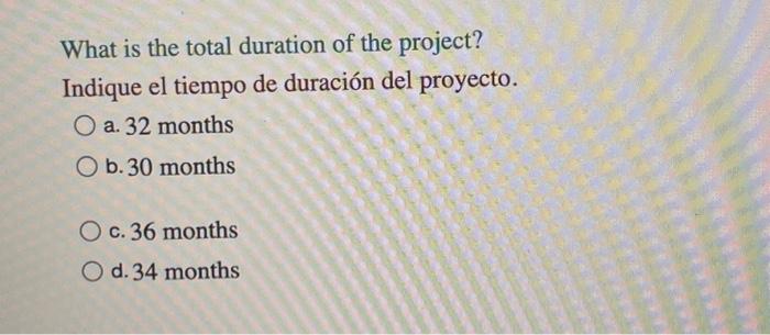 What is the total duration of the project? Indique el tiempo de duración del proyecto. a. 32 months b. 30 months c. 36 months