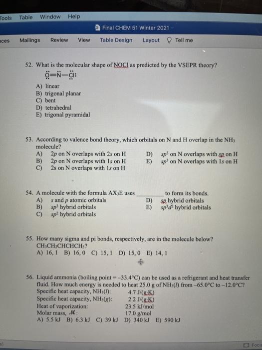 Solved Mat Tools Table Window Help Final Chem 51 Winter 2 Chegg Com