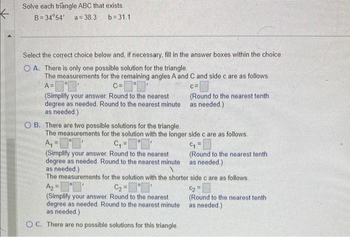 Solved Solve Each Triangle ABC That Exists | Chegg.com