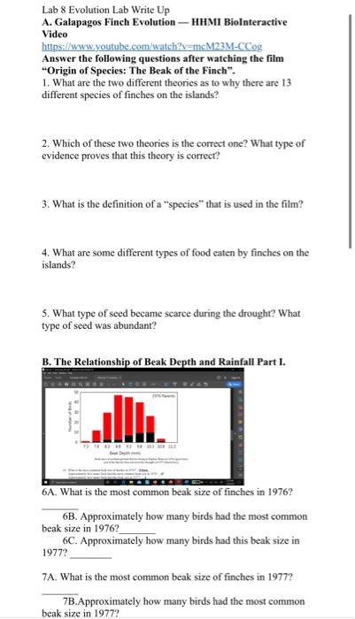Lab 8 Evolution Lab Write Up A Galapagos Finch Chegg