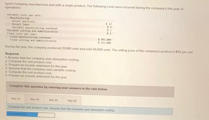 Solved Lynch Company Manufactures And Sells A Single | Chegg.com