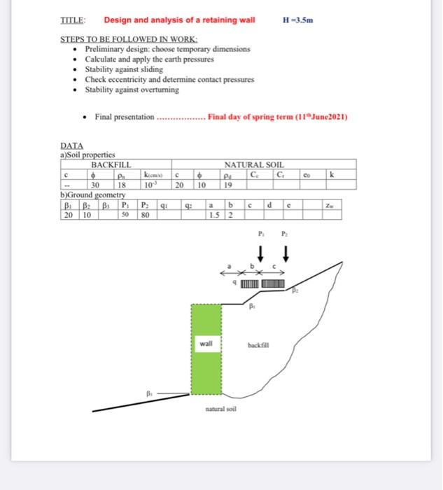 Solved TITLE: Design and analysis of a retaining wall H | Chegg.com