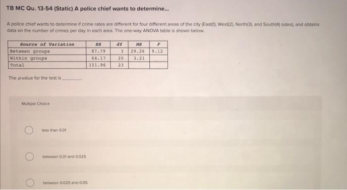 Solved TB MC Qu. 13-54 (Static) A police chief wants to | Chegg.com