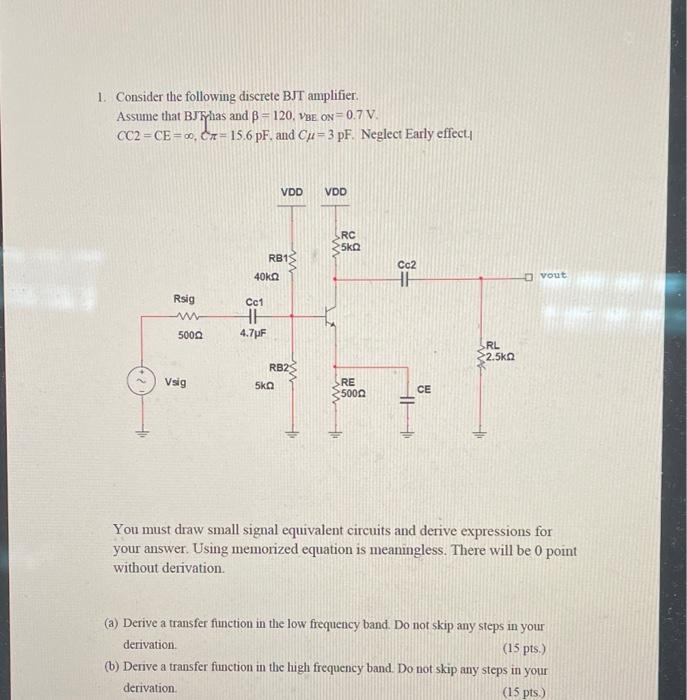 Solved 1. Consider the following discrete BJT amplifier. | Chegg.com