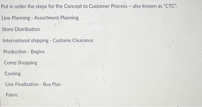 Solved Put in order the steps for the Concept to Customer | Chegg.com